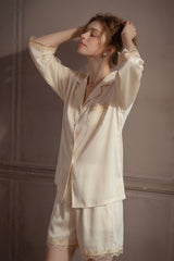 White Lace-Trimmed 3/4 Sleeve Silk Set