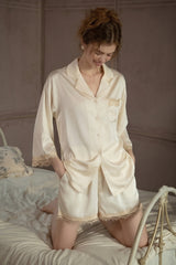 White Lace-Trimmed 3/4 Sleeve Silk Set