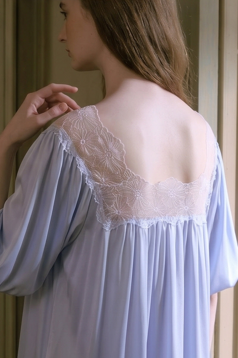 Blue Silk Puff Sleeve Lace Sleep Dress