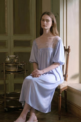 Blue Silk Puff Sleeve Lace Sleep Dress