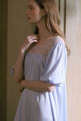 Blue Silk Puff Sleeve Lace Sleep Dress