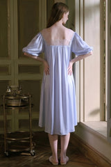 Blue Silk Puff Sleeve Lace Sleep Dress