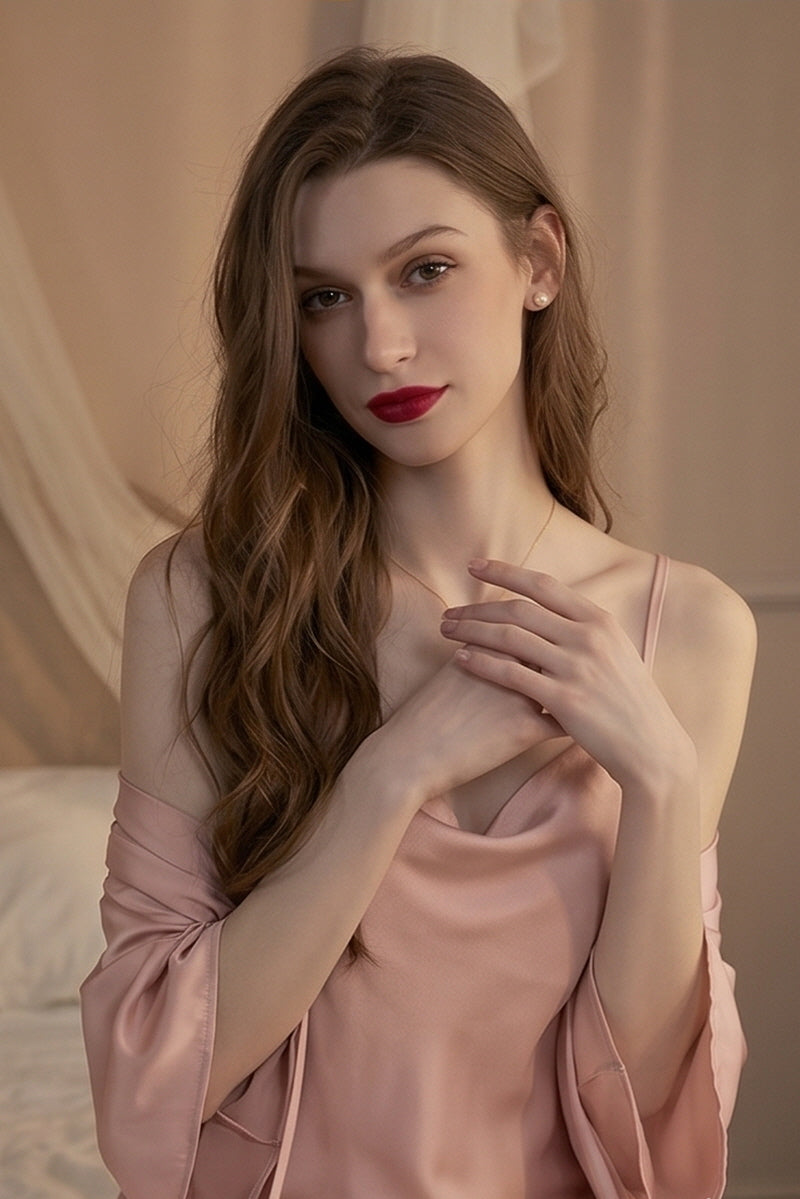Pink Fluid Cowl Silk Slip & Robe Set