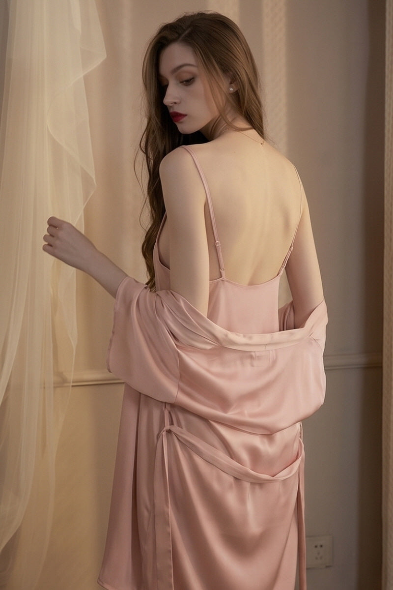 Pink Fluid Cowl Silk Slip & Robe Set