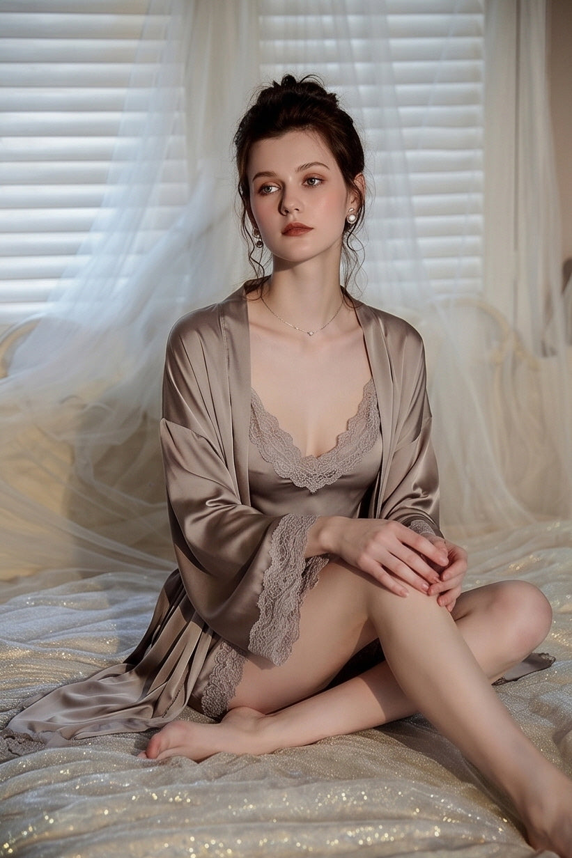 Gray V-Line Scallop Silk Slip & Robe Set