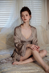 Gray V-Line Scallop Silk Slip & Robe Set