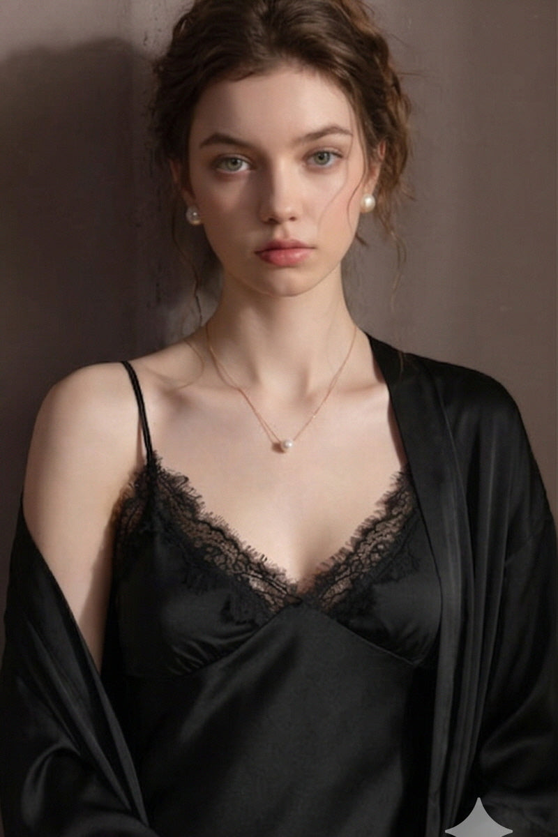 Black Midnight Muse Lace Slip & Robe Set
