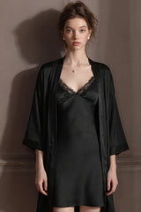 Black Midnight Muse Lace Slip & Robe Set