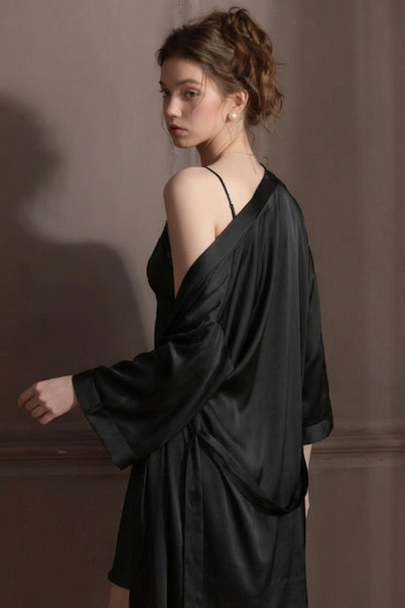 Black Midnight Muse Lace Slip & Robe Set