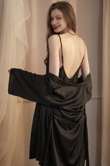 Black Fluid Cowl Silk Slip & Robe Set