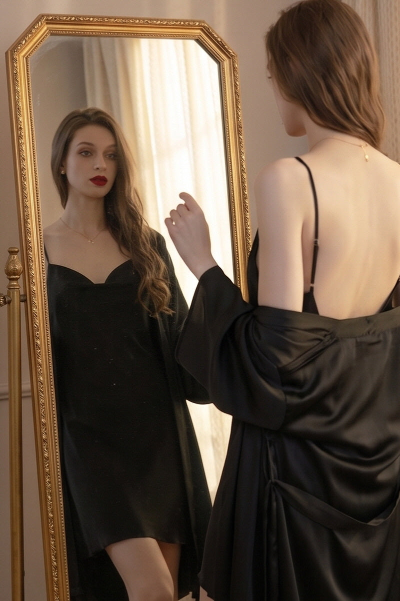 Black Fluid Cowl Silk Slip & Robe Set