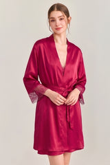 Red Floral Lace-Trimmed Silk Slip & Robe Set
