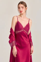 Red Floral Lace-Trimmed Silk Slip & Robe Set