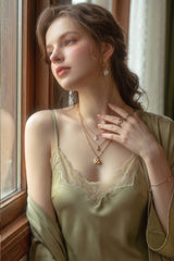 Olive V-Line Scallop Silk Slip & Robe Set