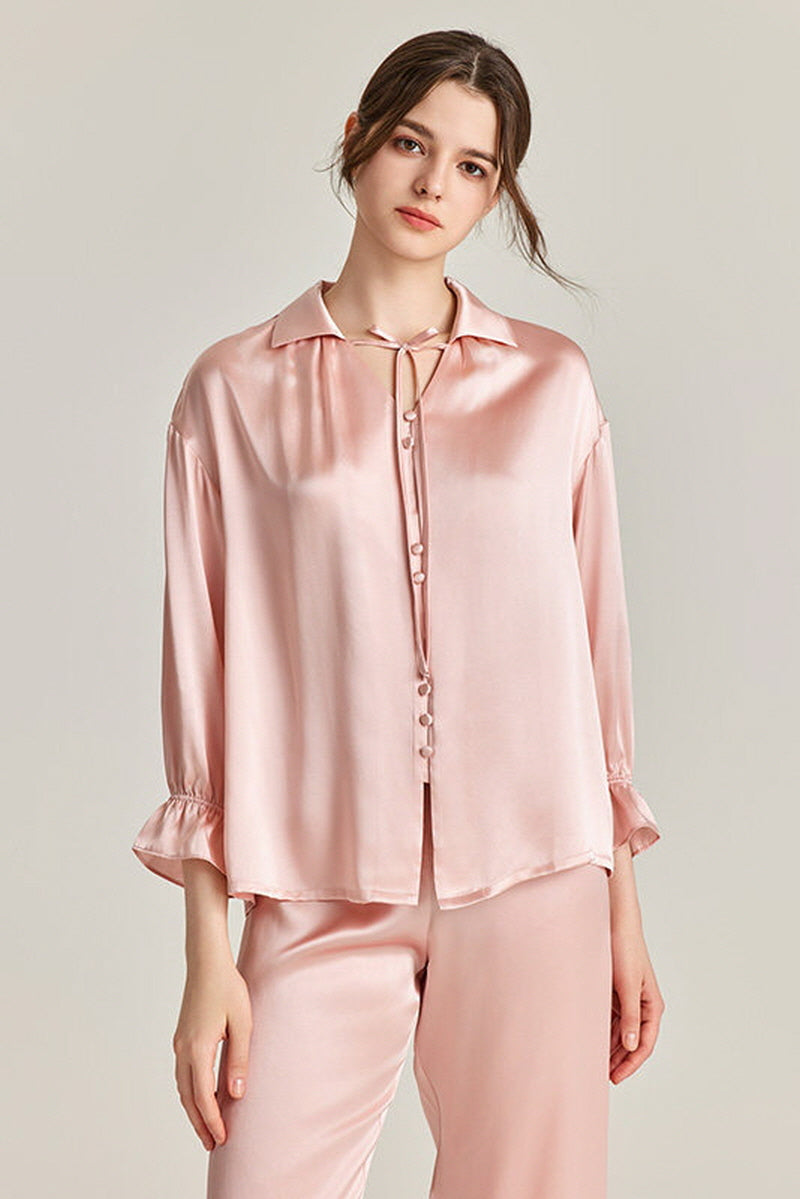 Tie-Neck Silk Pajama Set