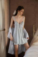 Blue Angelic Embroidery Silk Slip & Robe Set