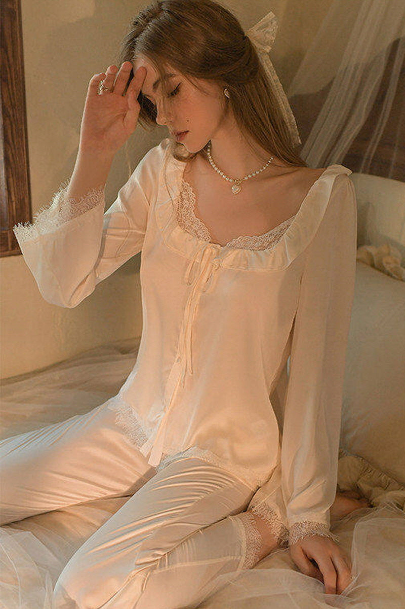 Soft Lace Ribbon Silk Pajama Set