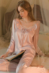 Soft Lace Ribbon Silk Pajama Set