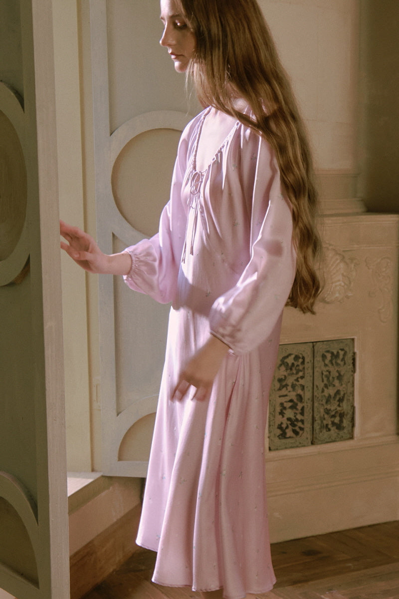 Ribbon-Tie Silk Puff Sleeve Sleep Dress