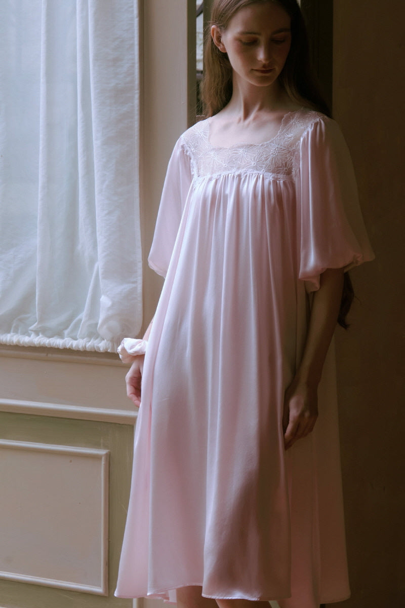 Pink Silk Puff Sleeve Lace Sleep Dress