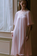 Pink Silk Puff Sleeve Lace Sleep Dress
