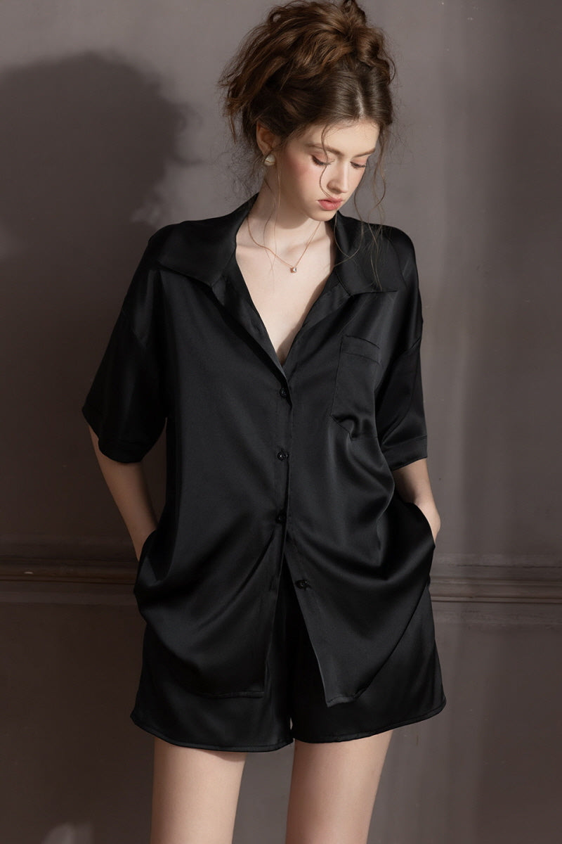 Black Oversized Silk Button Down Lounge Pajama Set
