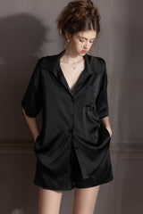 Black Oversized Silk Button Down Lounge Pajama Set