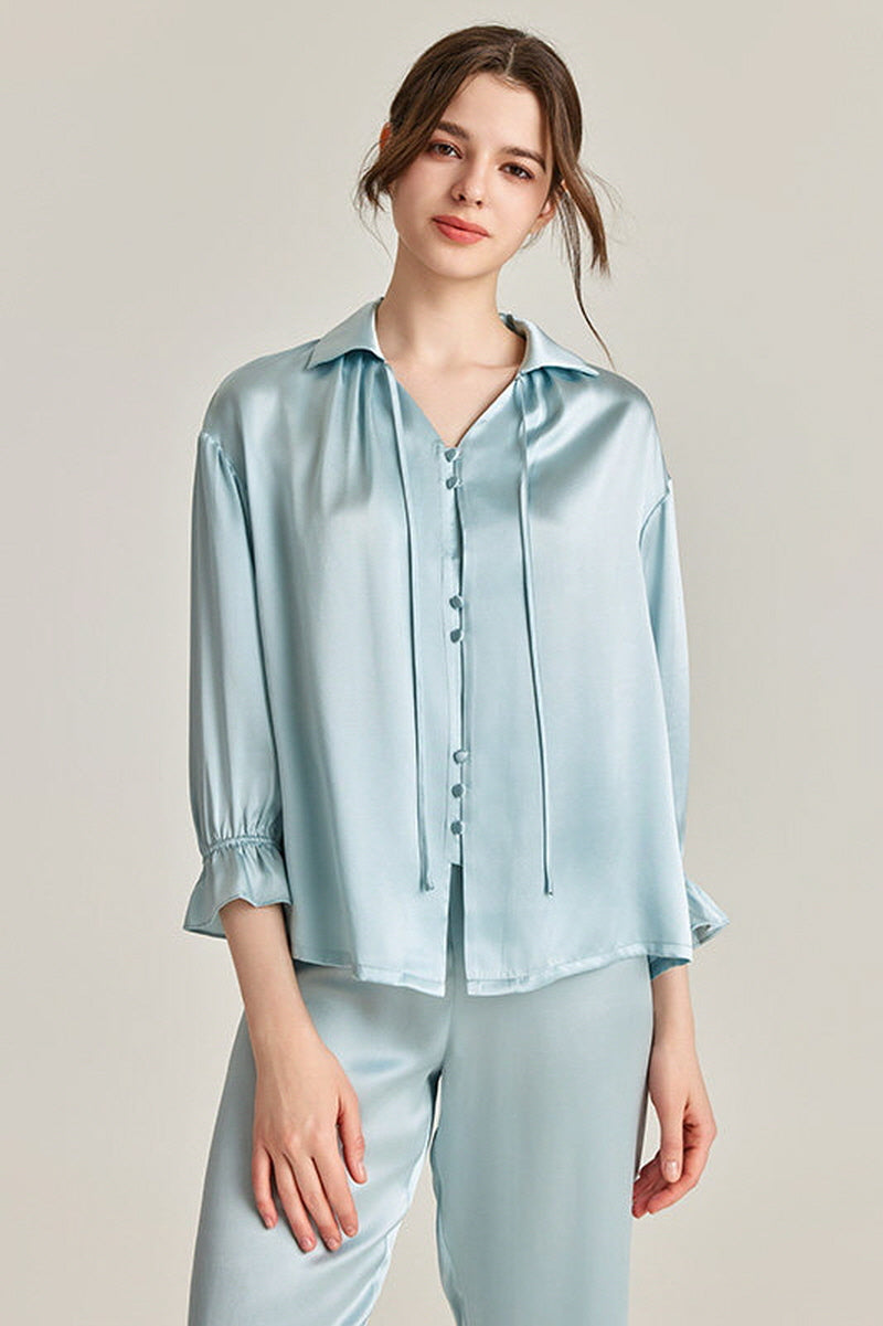 Tie-Neck Silk Pajama Set