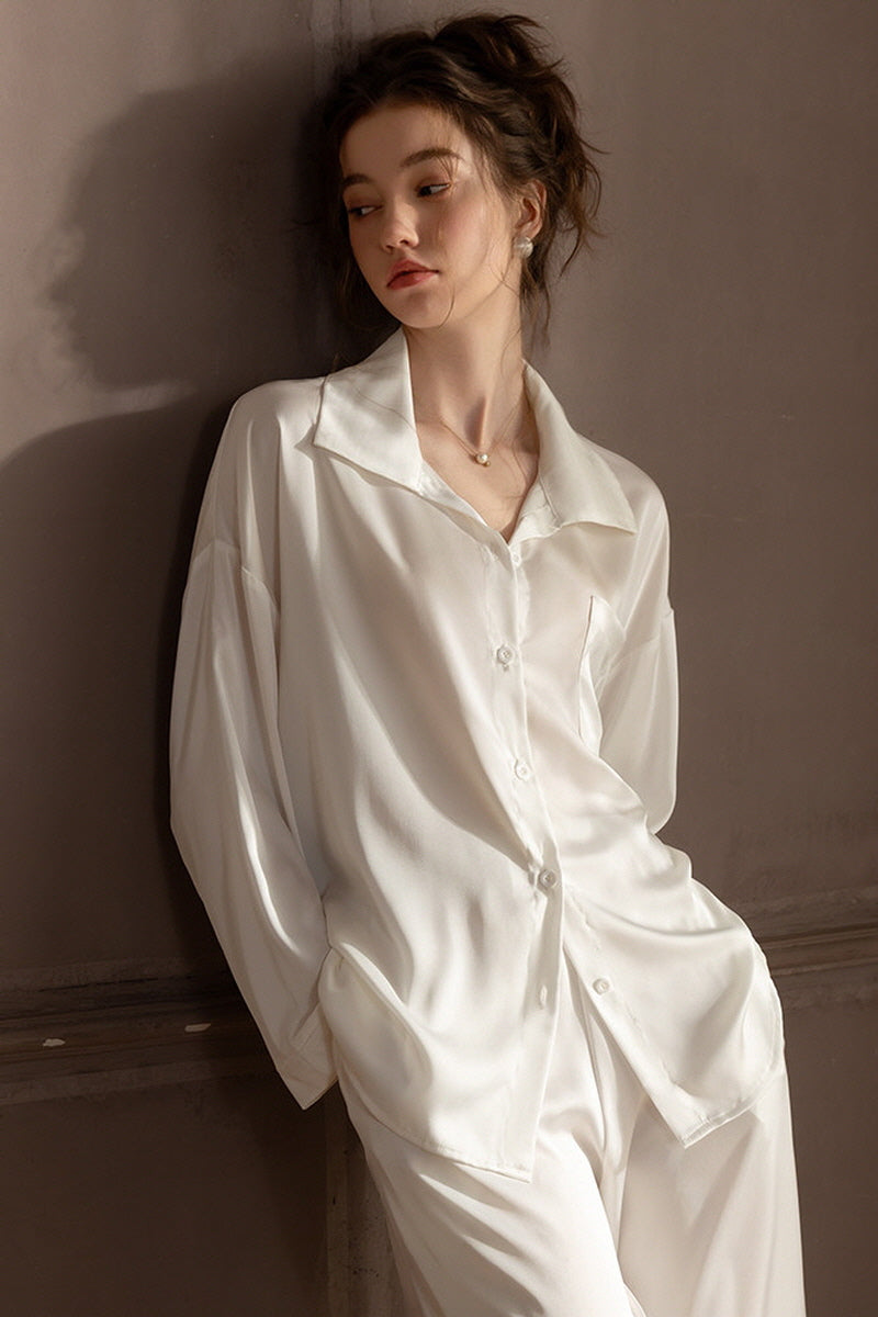 White Minimal Silk Pajama Set