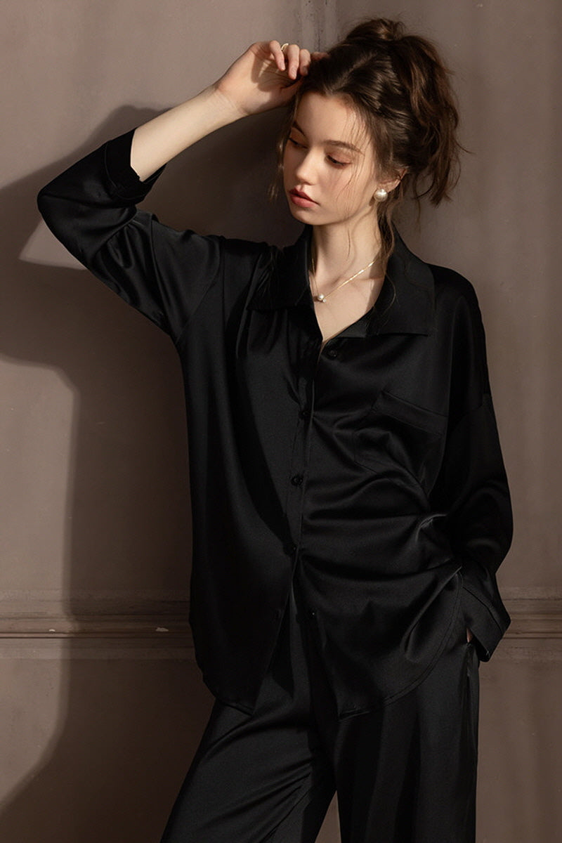 Black Minimal Silk Pajama Set